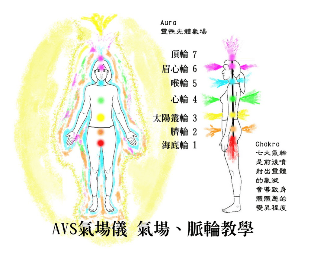 融合氣場色彩與七脈輪圖像，一圖掌握人體能量構造。